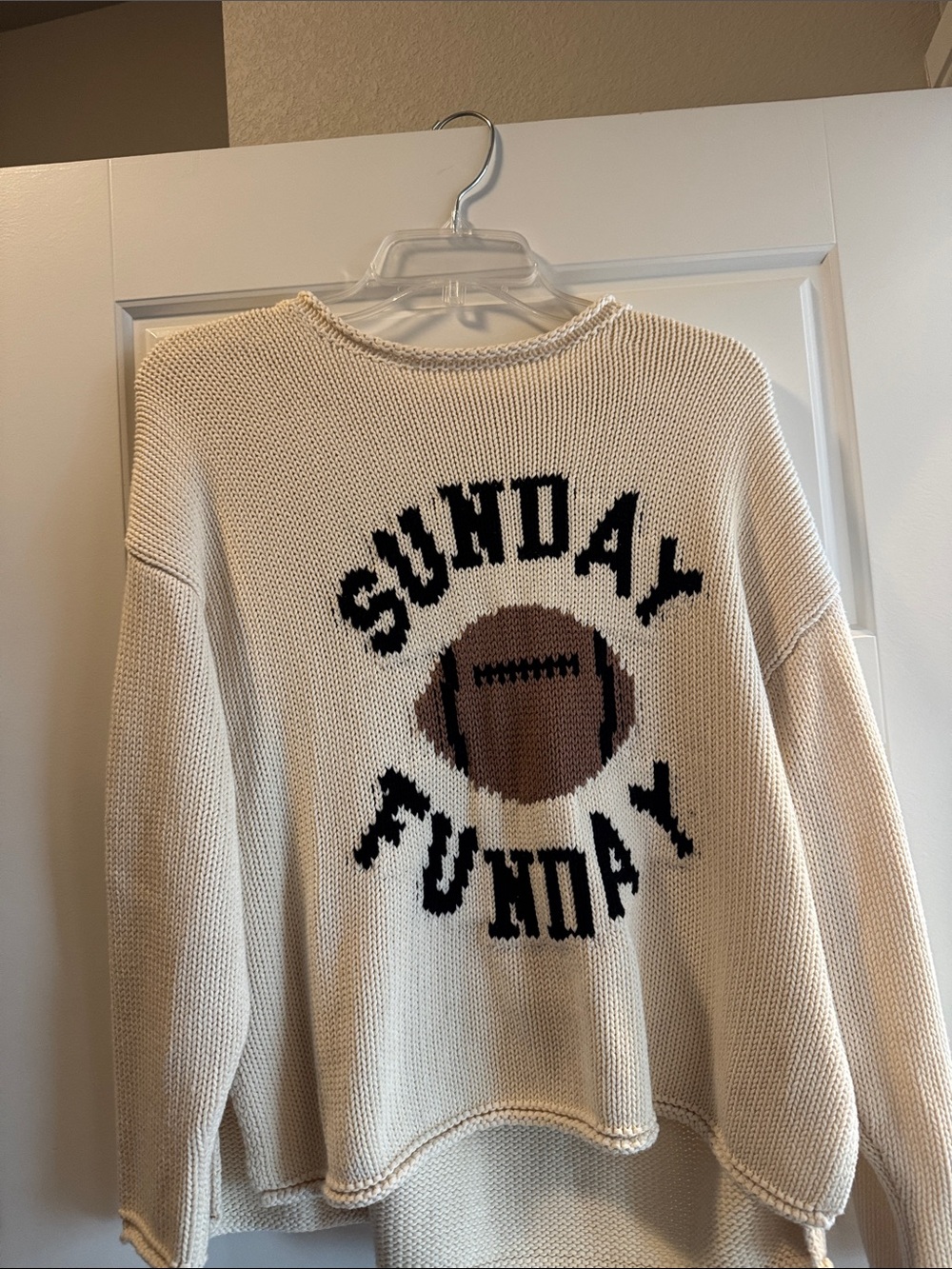 Cream Crewneck Sweater with 'Sunday Funday' Football Graphic